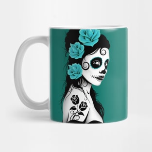 Teal Blue Day of the Dead Sugar Skull Girl Mug